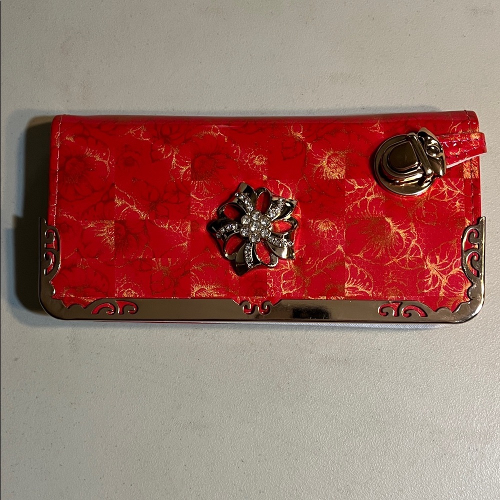 Red Floral Embellished Women's Clutch Wallet